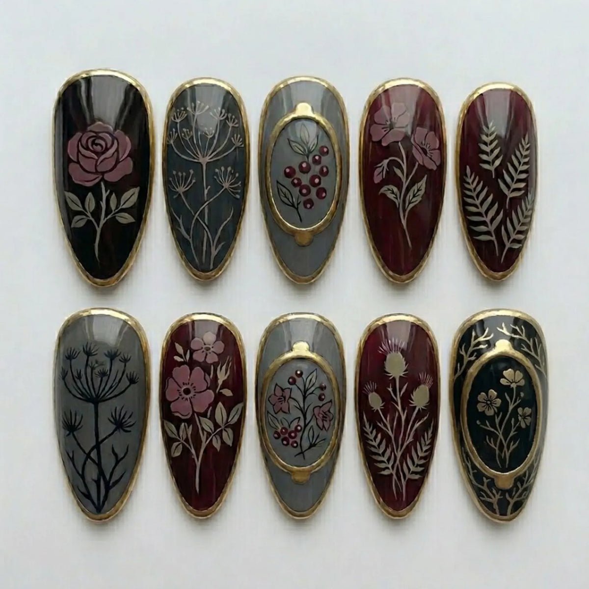 Handmade Antique Botanical Press On Nails | Vintage Victorian Cameo Nail Art | Dark Academia Herbalist Flower Nails