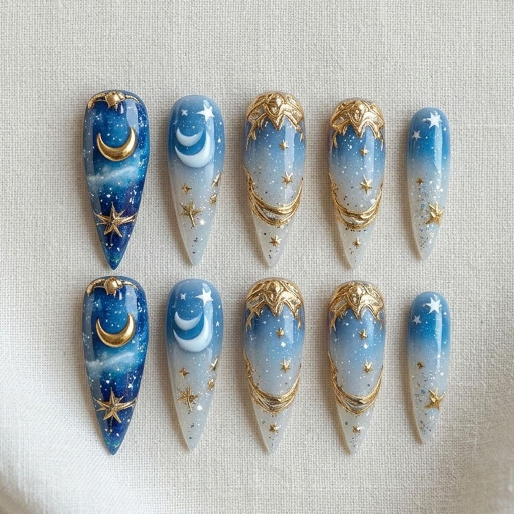 Blue Galaxy Press On Nails, Moon Star Nails, Celestial Nail Art, Gold Accent Stiletto Nails