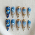 Blue Galaxy Press On Nails, Moon Star Nails, Celestial Nail Art, Gold Accent Stiletto Nails