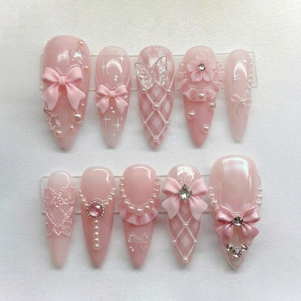 Handmade Pink Coquette Press On Nails - 3D Bow Pearl Rhinestone Design - Almond Nails for Feminine Soft Girl Romantic Vibe