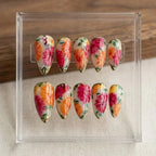 Vintage Floral Press On Nails: Gold Rim Lacquer Flower Summer Style Prep Set