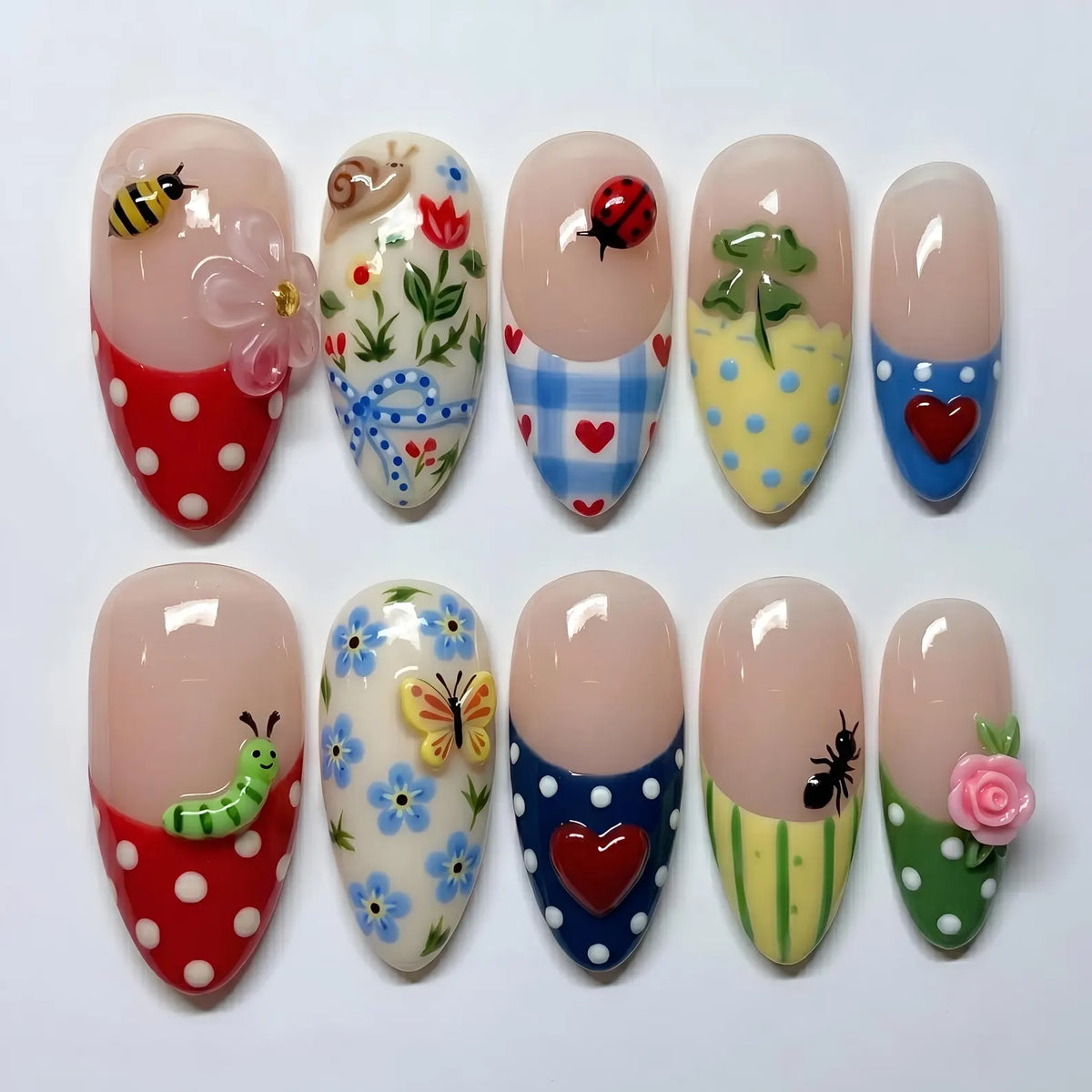 Hand-Painted Cottagecore Press-On Nails, Garden Insects Floral Set, 3D Butterfly Bee French Tips