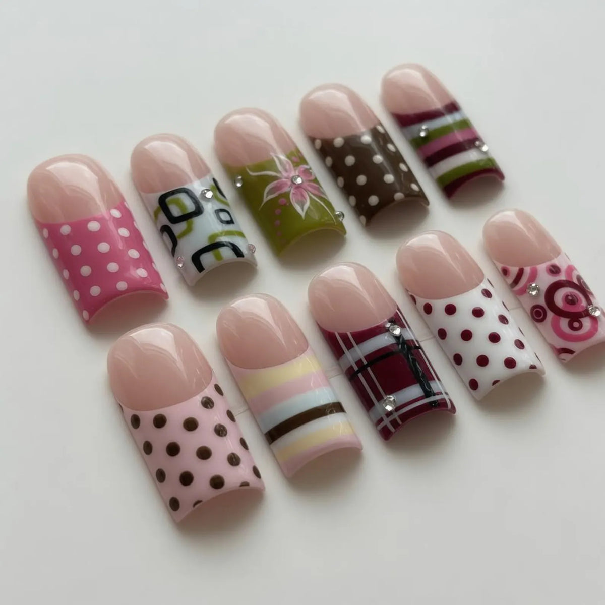 Handmade Y2K Press On Nails, Pink Polka Dot Floral Square, Funky Vintage Nail Art