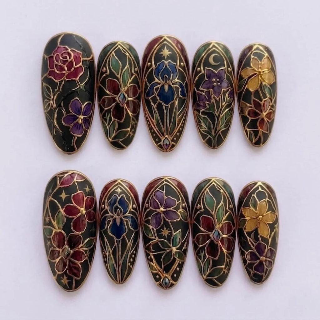 Stained Glass Floral Press on Nails | Cloisonne Enamel Flower Fake Nails | Gothic Art Nouveau Almond Glue on Nails Handmade Luxury Set