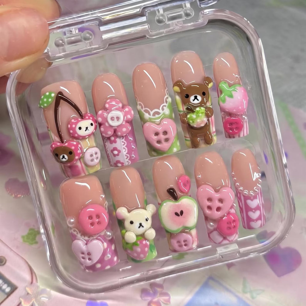 Mismatched 3D Kawaii Bear Press on Nails with Strawberry Apple & Button | Fake Nails in Long Square | Pastel Crafty Art