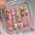 Mismatched 3D Kawaii Bear Press on Nails with Strawberry Apple & Button | Fake Nails in Long Square | Pastel Crafty Art