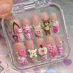 Mismatched 3D Kawaii Bear Press on Nails with Strawberry Apple & Button | Fake Nails in Long Square | Pastel Crafty Art