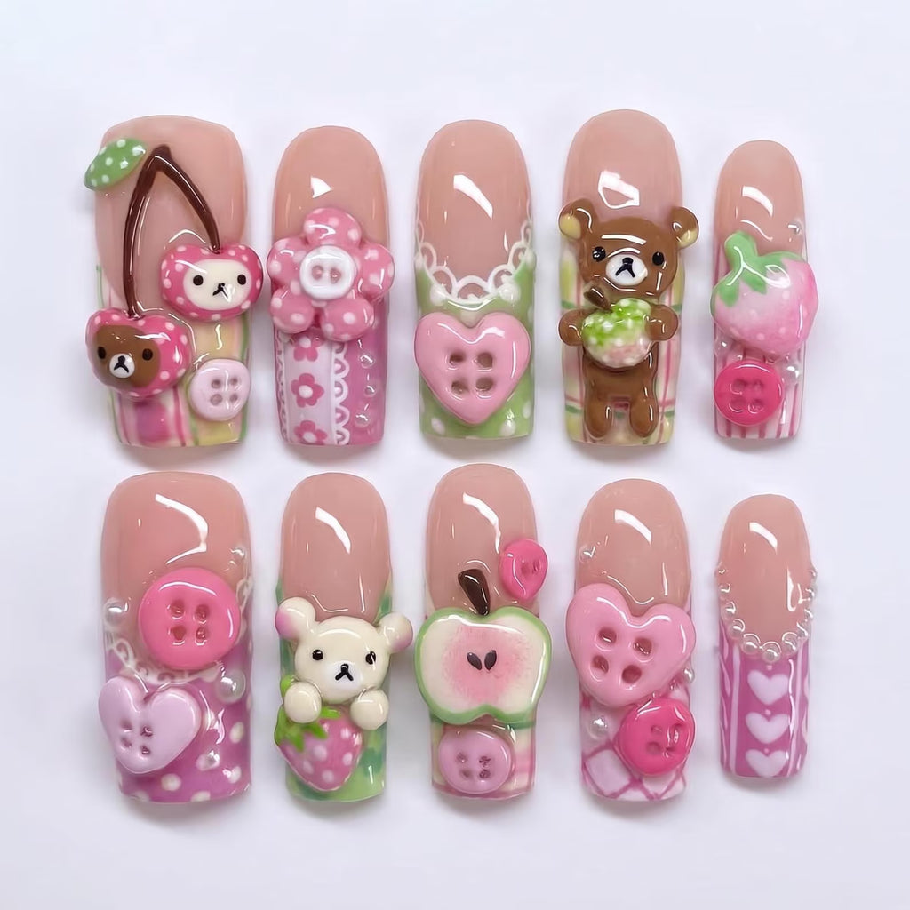 Mismatched 3D Kawaii Bear Press on Nails with Strawberry Apple & Button | Fake Nails in Long Square | Pastel Crafty Art