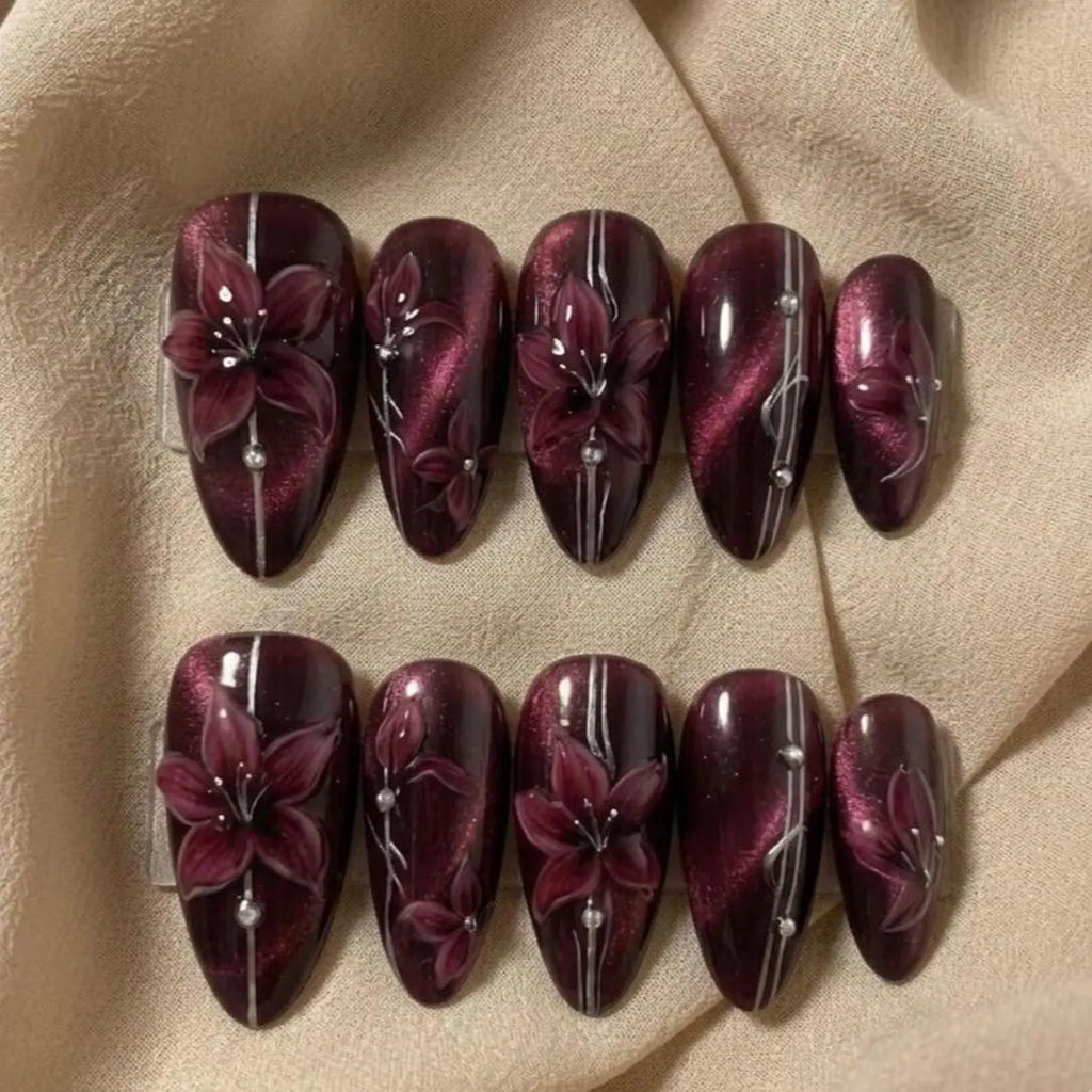 Burgundy Cat Eye Press On Nails, 3D Floral Design, Elegant Luxury Almond Set