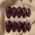 Burgundy Cat Eye Press On Nails, 3D Floral Design, Elegant Luxury Almond Set