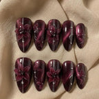 Burgundy Cat Eye Press On Nails, 3D Floral Design, Elegant Luxury Almond Set
