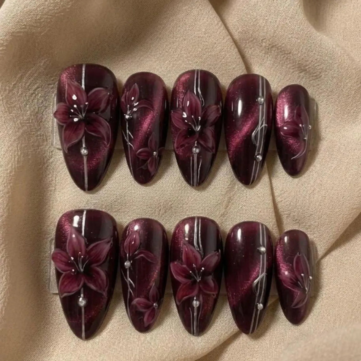 Burgundy Cat Eye Press On Nails, 3D Floral Design, Elegant Luxury Almond Set