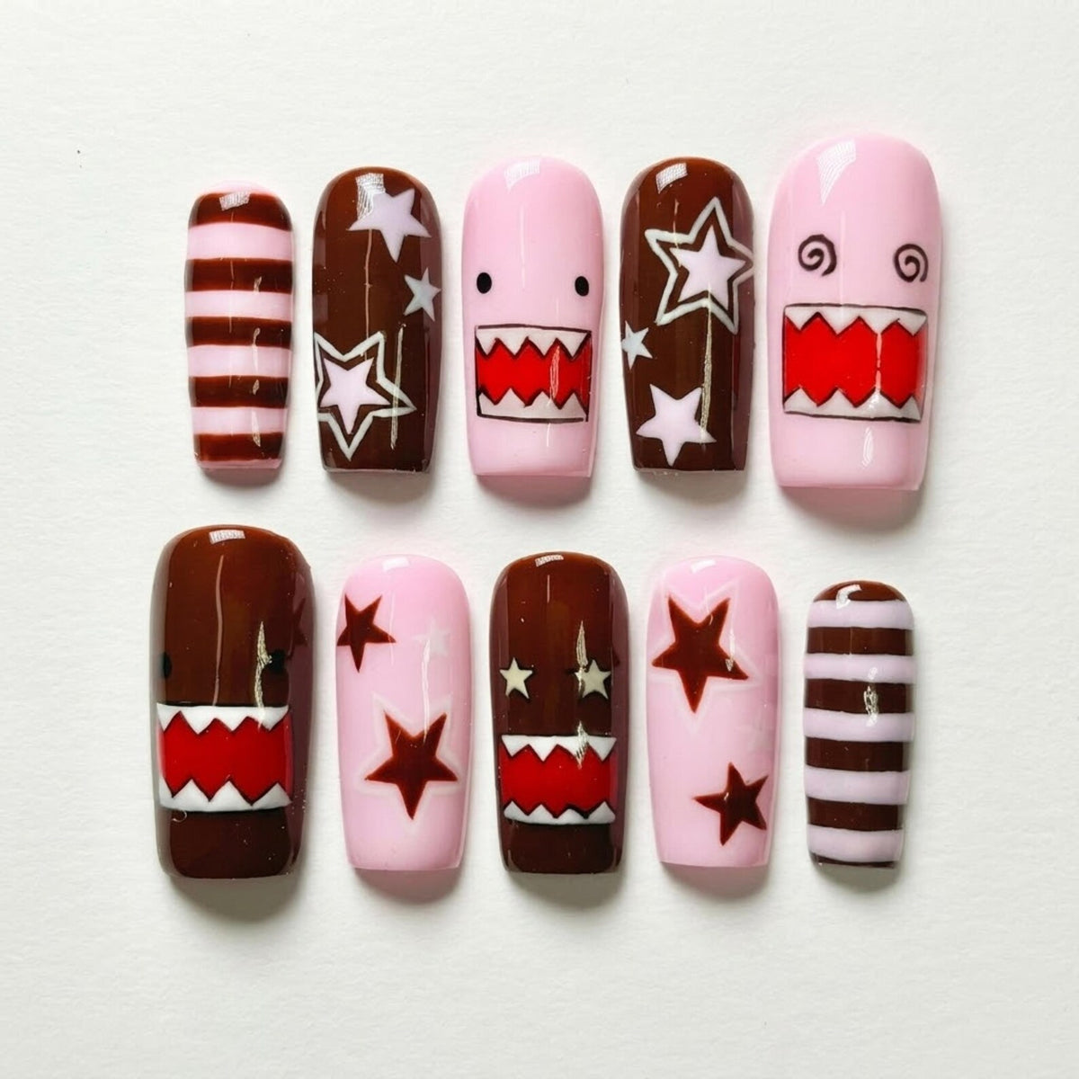 Domo Monster Press On Nails | Kawaii Y2K Short Square Nails | Star, Stripe, Cartoon Face & Chocolate Nail | Cute Anime Nail Art Set