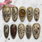 Mystical Gothic Press On Nails | Vintage Celestial Botanical Theme | Dark Academia Witchy Aesthetic Handpainted Gold Frame Luxury Nail Art