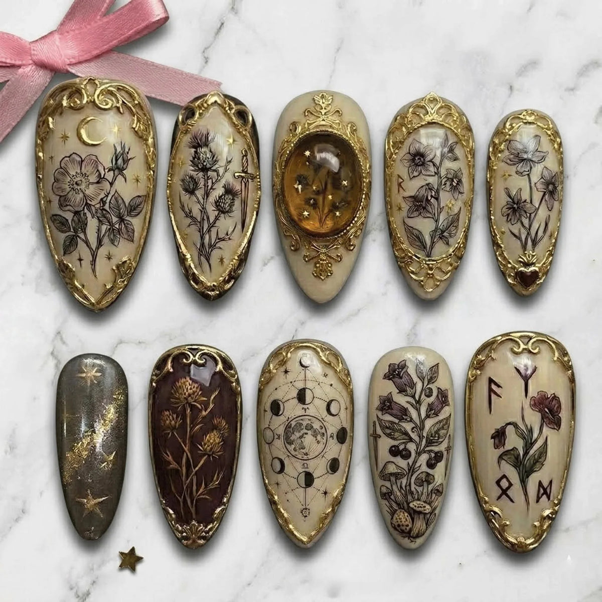 Mystical Gothic Press On Nails | Vintage Celestial Botanical Theme | Dark Academia Witchy Aesthetic Handpainted Gold Frame Luxury Nail Art