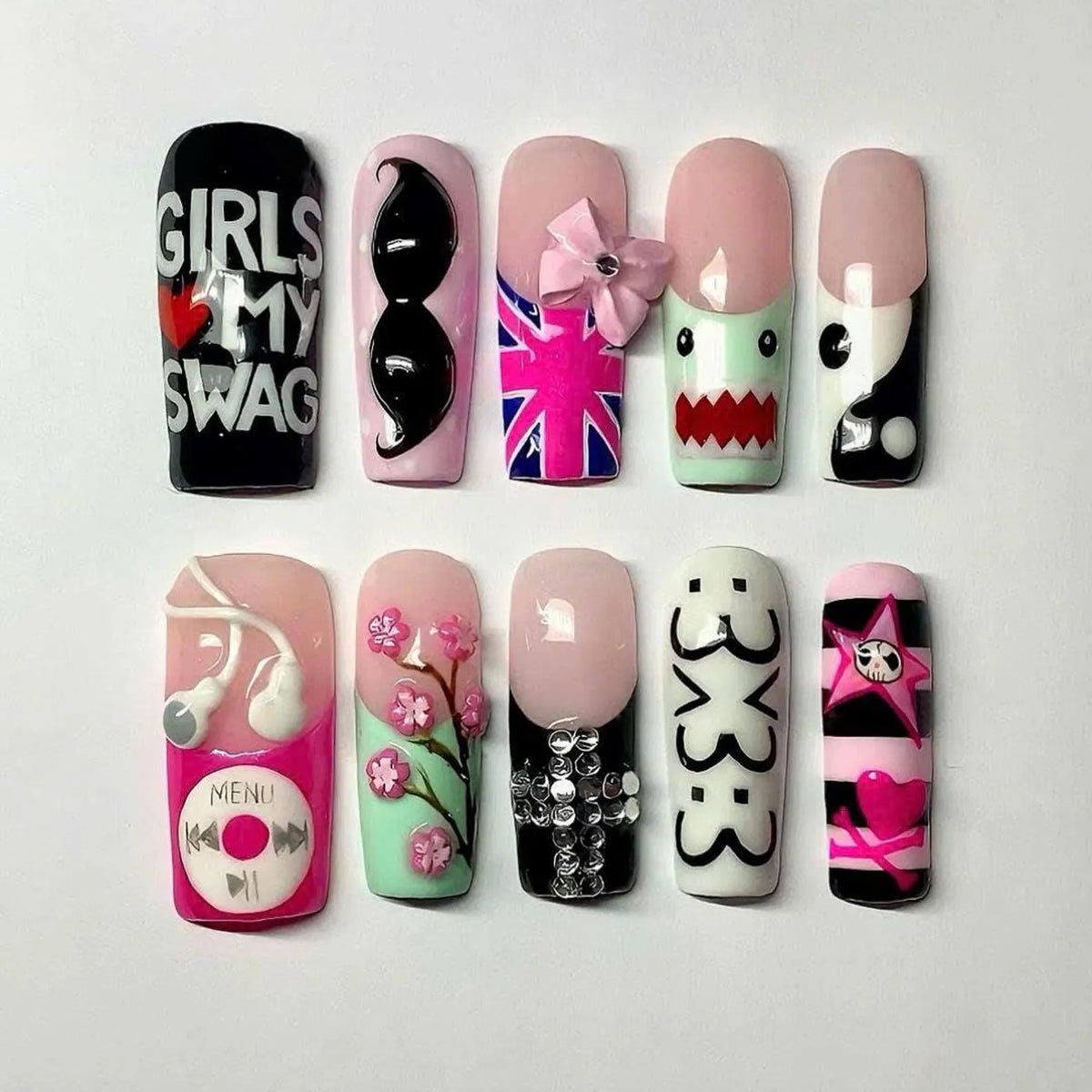 Y2K Kawaii Press On Nails, Cartoon Character 3D Nail Art, Harajuku Acrylic Set