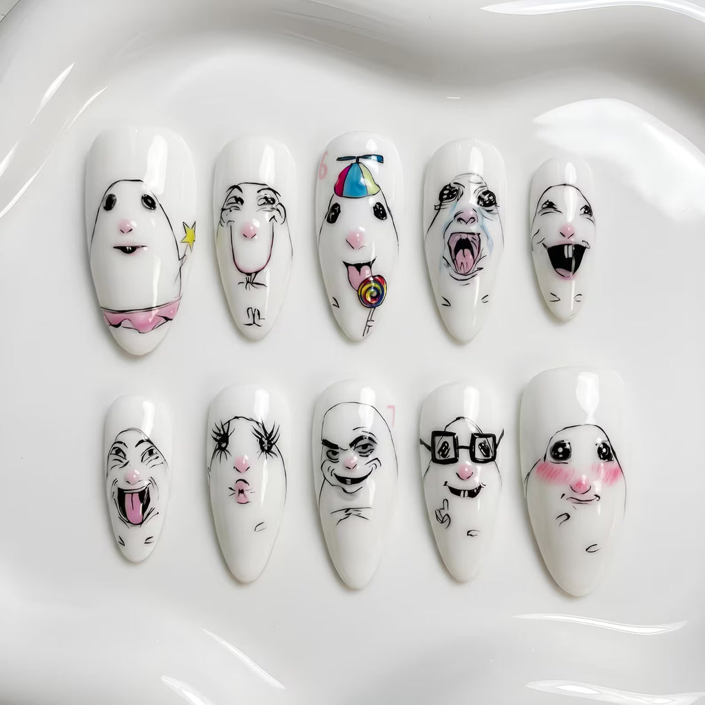 Hand-Painted Reaction Art Press On Nails | Meme Faces, Internet Culture Designs