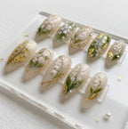 Handmade Ethereal Lily of the Valley Press On Nails | Luxury Watercolor White Bell Flower Gold Foil Art | Elegant Milky Jelly Wedding Nails
