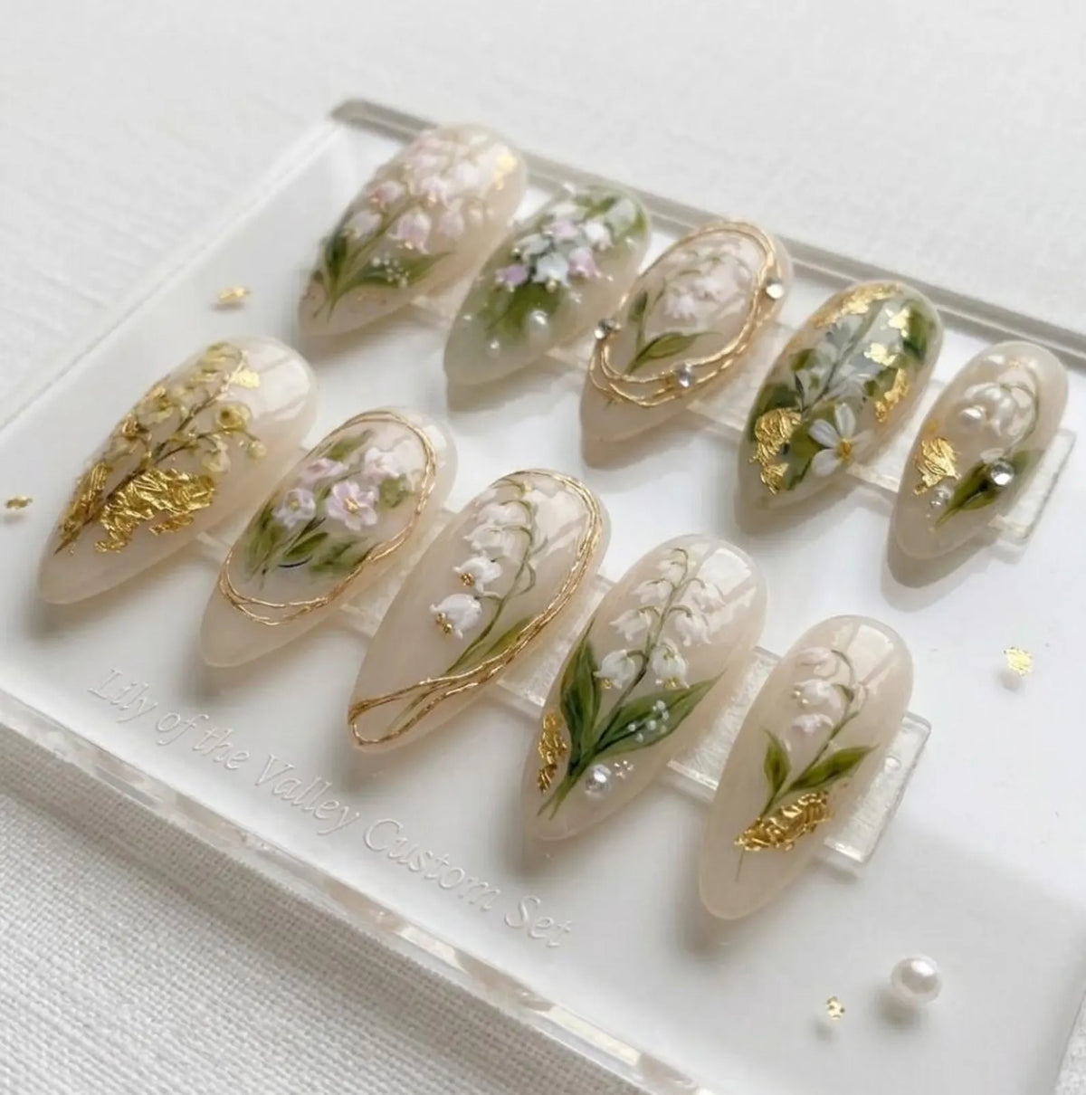 Handmade Ethereal Lily of the Valley Press On Nails | Luxury Watercolor White Bell Flower Gold Foil Art | Elegant Milky Jelly Wedding Nails