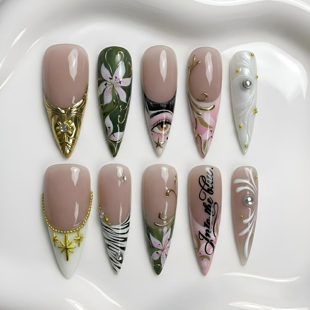 3D Molten Gold Celestial Press On Nails | Hand-Painted Anime Eye, Lily Art, Zebra Print