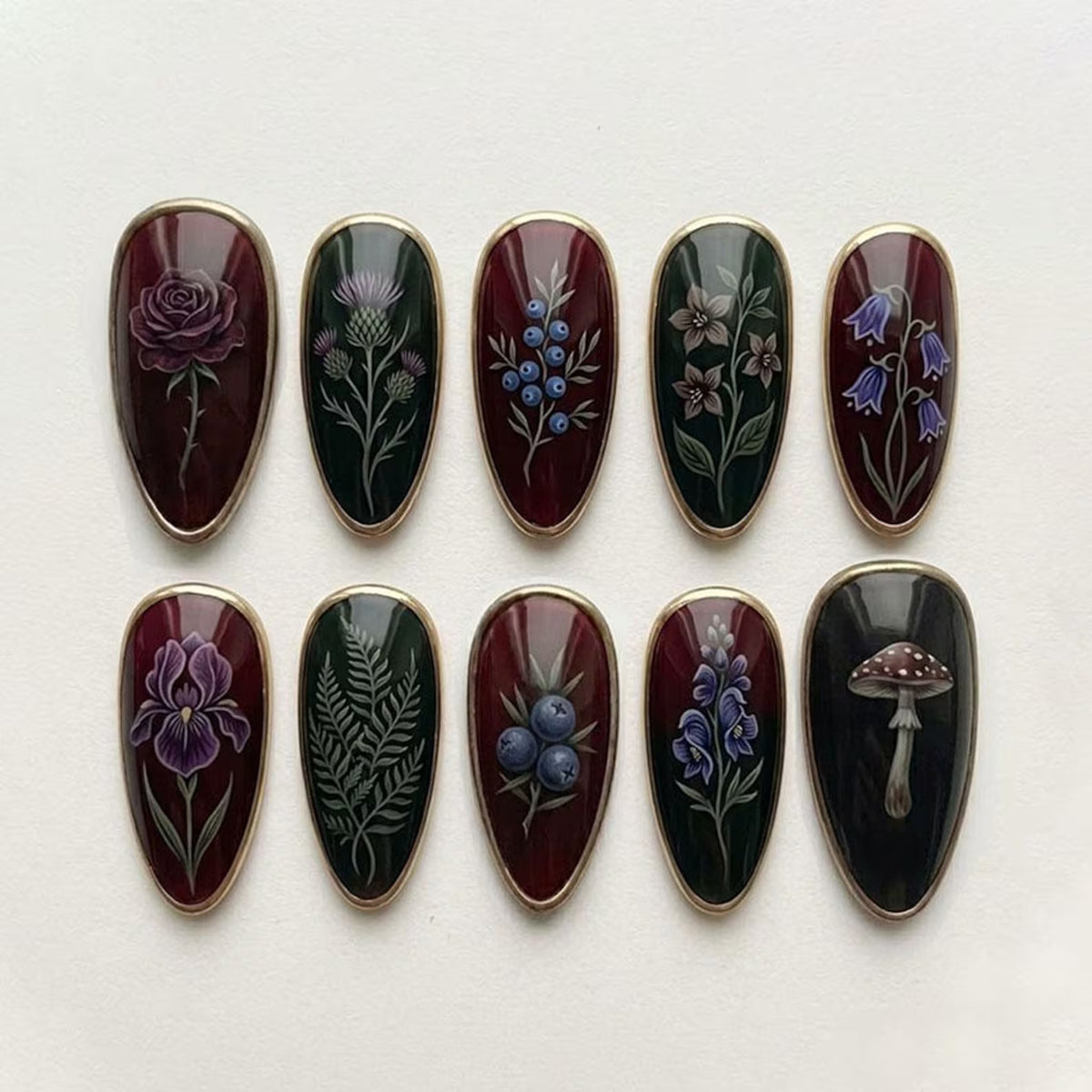 Handmade Botanical Press On Nails | Dark Forest Flower Nail Art | Woodland Cottagecore Nails | Vintage Nature Set