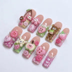 Mismatched 3D Kawaii Bear Press on Nails with Strawberry Apple & Button | Fake Nails in Long Square | Pastel Crafty Art