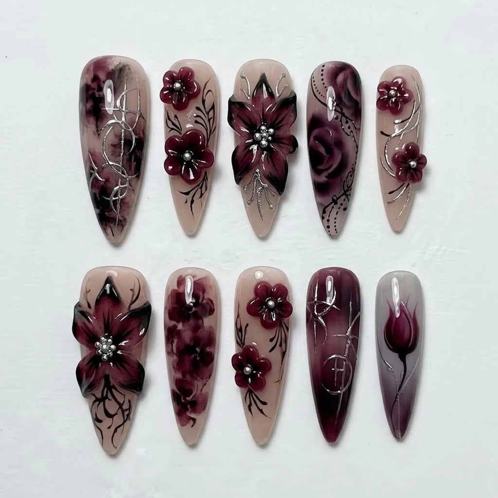 Handmade Burgundy Floral Press On Nails - 3D Flower Airbrush Design - Stiletto Nails for Elegant Dark Romance Vibes