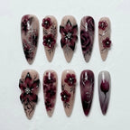 Handmade Burgundy Floral Press On Nails - 3D Flower Airbrush Design - Stiletto Nails for Elegant Dark Romance Vibes