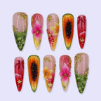 Summer Press On Nails with 3D Flower, Papaya Fruit Design | Long Almond Fake Nails | Handmade Nail Art for Vacation, Beach & Tropical Looks