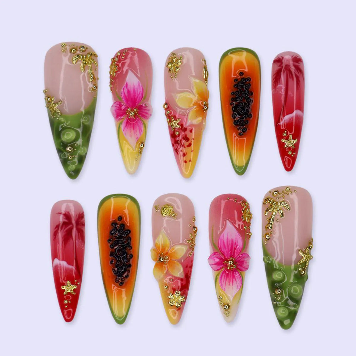 Summer Press On Nails with 3D Flower, Papaya Fruit Design | Long Almond Fake Nails | Handmade Nail Art for Vacation, Beach & Tropical Looks