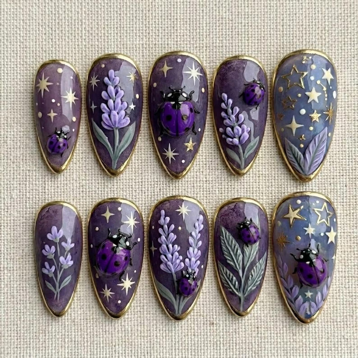 Lavender Ladybug Press On Nails, Purple Cottagecore Nails, Celestial Star Floral Nails, Vintage Gold Frame Beetle Nail Art Set