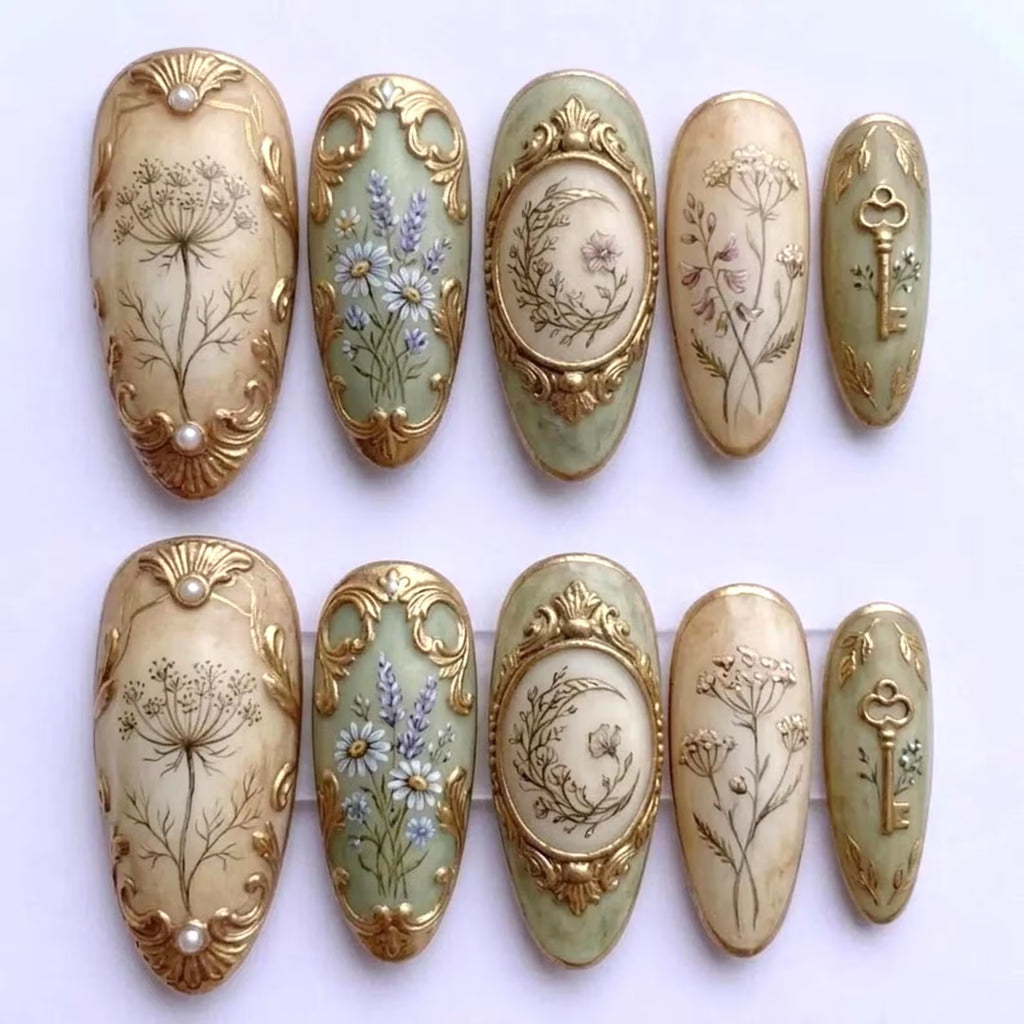 Art Nouveau Vintage Press on Nails | Botanical Wildflower & Moon Fake Nails | 3D Gold Frame Key Almond Glue on Nails Handmade Luxury Set
