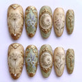 Art Nouveau Vintage Press on Nails | Botanical Wildflower & Moon Fake Nails | 3D Gold Frame Key Almond Glue on Nails Handmade Luxury Set