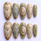 Art Nouveau Vintage Press on Nails | Botanical Wildflower & Moon Fake Nails | 3D Gold Frame Key Almond Glue on Nails Handmade Luxury Set