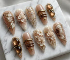 Baroque 3D Floral Press On Nails, Luxury Gold Chrome Butterfly Fake Nails, Cat Eye Gel Nail Art, Elegant Coquette Reusable False Nails