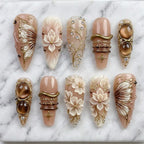 Baroque 3D Floral Press On Nails, Luxury Gold Chrome Butterfly Fake Nails, Cat Eye Gel Nail Art, Elegant Coquette Reusable False Nails