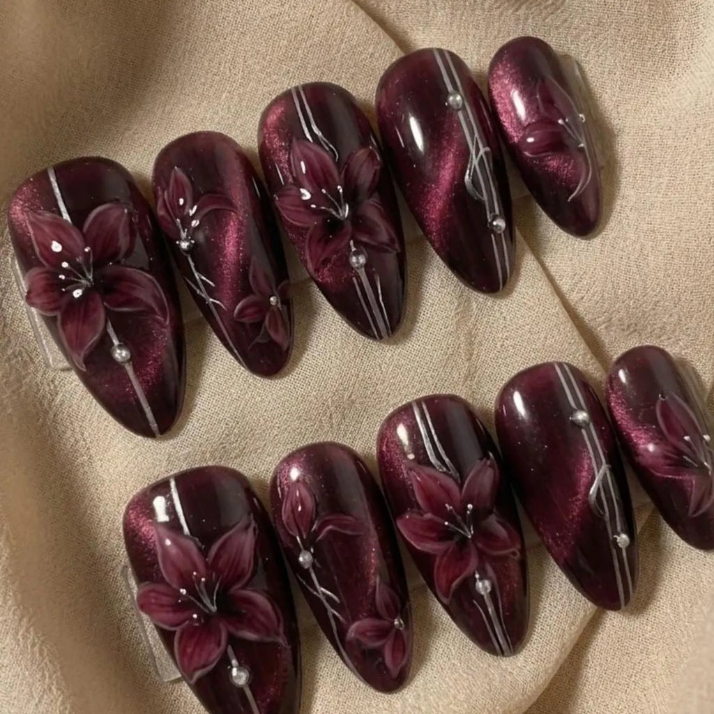 Burgundy Cat Eye Press On Nails, 3D Floral Design, Elegant Luxury Almond Set