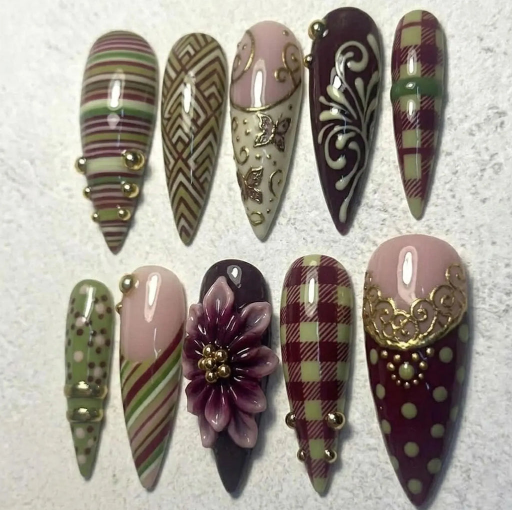 Handmade Vintage Coquette Press On Nails, 3D Flower Nail Art, Retro Picnic Nail Set, Red & Pink Polka Dot Nails for Bold Artistic Vibes