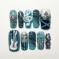 Turquoise Rock Star Press On Nails｜Skull Guitar Music Note Nails｜Zebra Leopard Punk Manicure｜Trendy Short Fake Nails for Concert Style