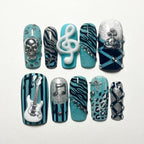 Turquoise Rock Star Press On Nails｜Skull Guitar Music Note Nails｜Zebra Leopard Punk Manicure｜Trendy Short Fake Nails for Concert Style