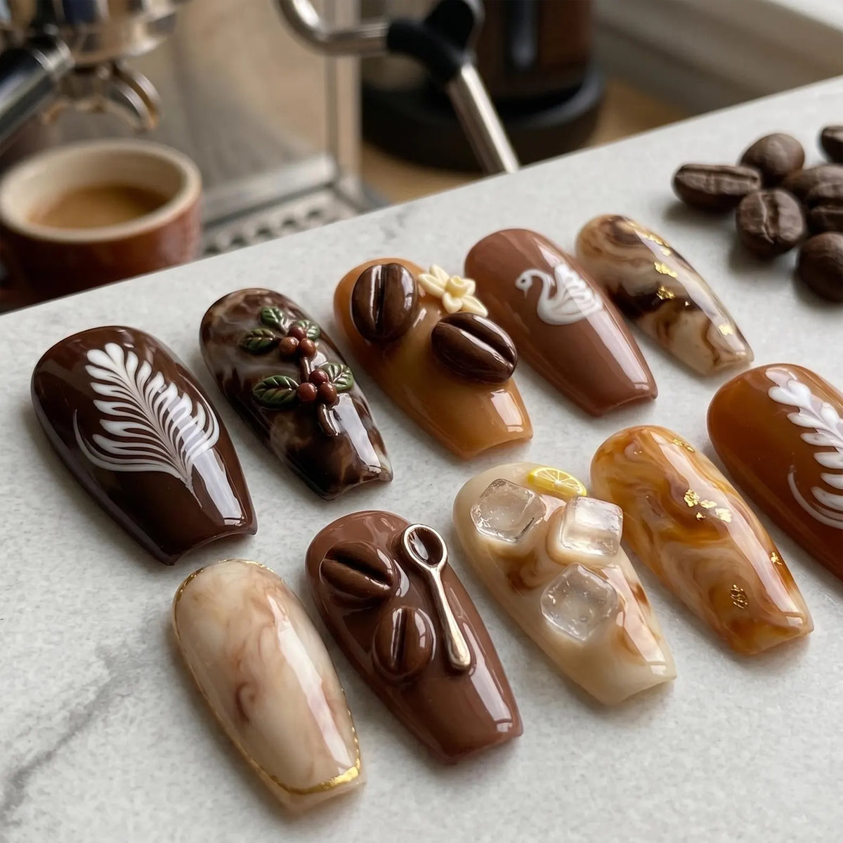 Coffee Lover Press On Nails, Latte Art Nail Set, Brown Marble Nails, 3D Coffee Bean Nails, Cozy Autumn Nails, Mocha Swirl Nails