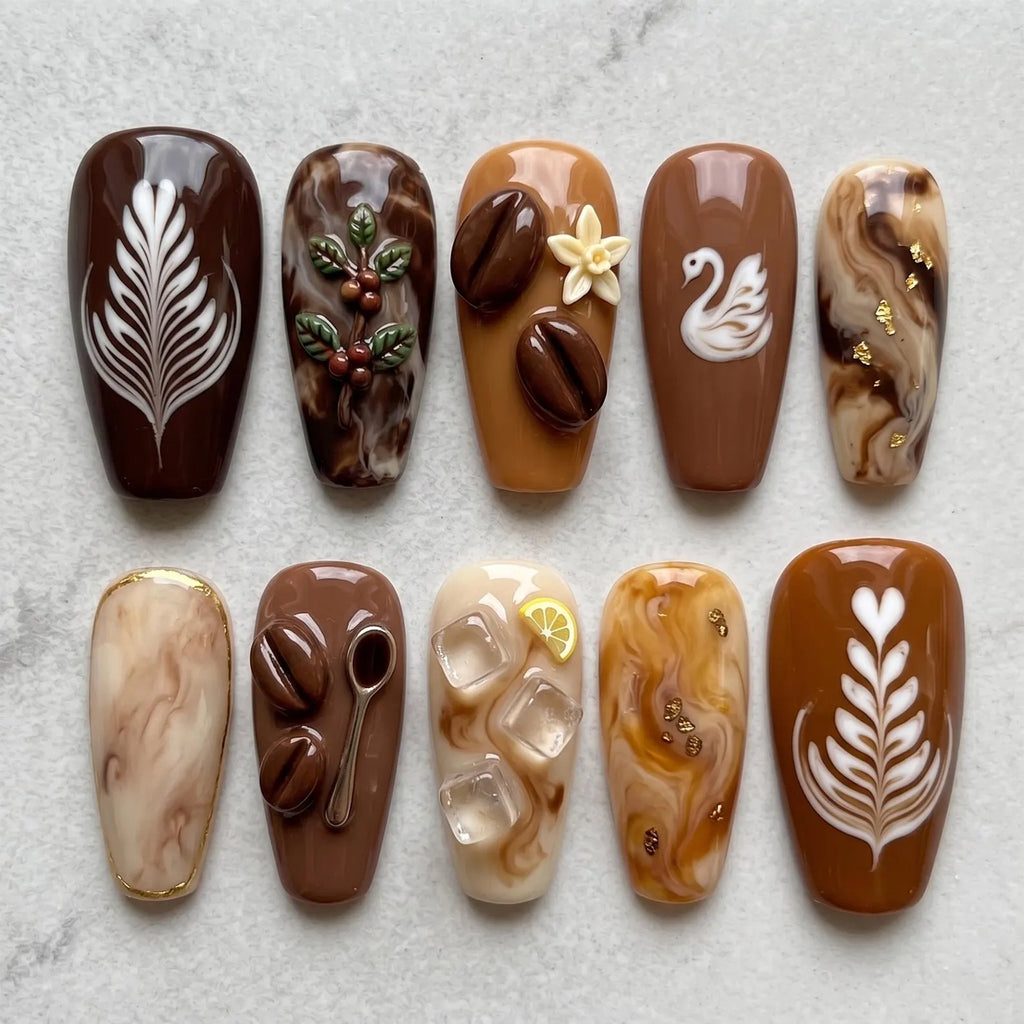 Coffee Lover Press On Nails, Latte Art Nail Set, Brown Marble Nails, 3D Coffee Bean Nails, Cozy Autumn Nails, Mocha Swirl Nails