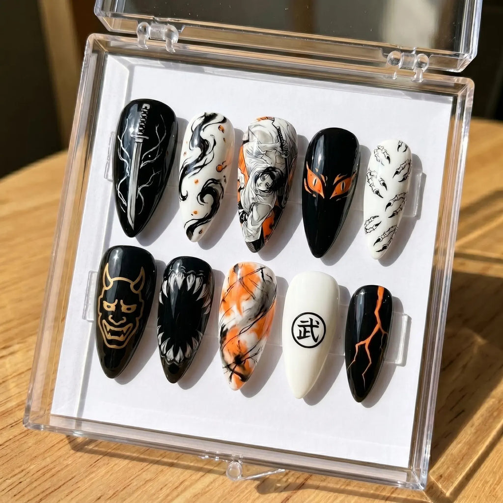 JJK Yuta Anime Press On | Black Oni Katana Almond Nails