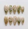 Handmade Ethereal Lily of the Valley Press On Nails | Luxury Watercolor White Bell Flower Gold Foil Art | Elegant Milky Jelly Wedding Nails