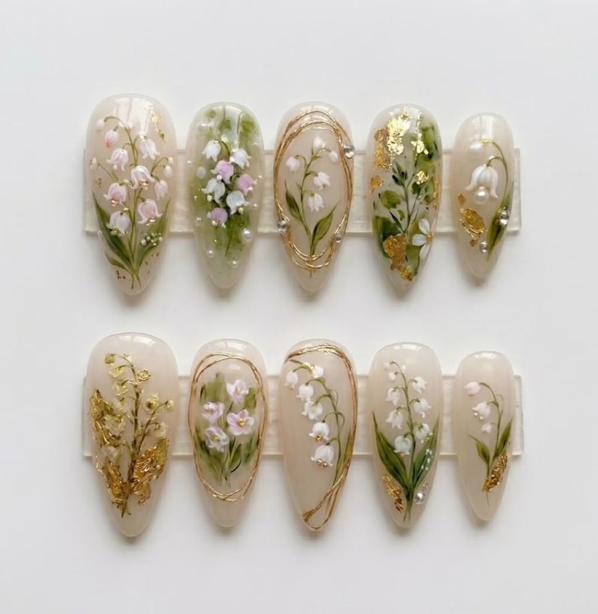 Handmade Ethereal Lily of the Valley Press On Nails | Luxury Watercolor White Bell Flower Gold Foil Art | Elegant Milky Jelly Wedding Nails