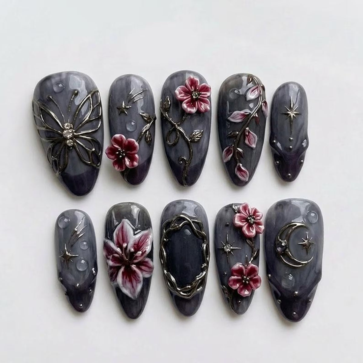 Handmade Dark Fairycore Press On Nails | Gothic Butterfly, Celestial Moon & Crimson Floral Design | Vintage Fantasy Nail Art Set