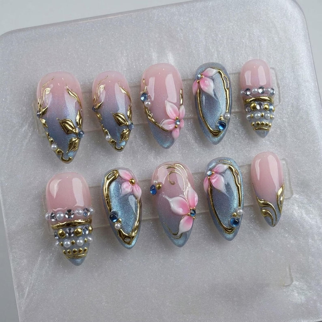 Pastel Floral Press On Nails, Pink Blue 3D Flower Nails, Gold Chrome Nail Art, Elegant Japanese Style Nails