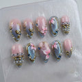 Pastel Floral Press On Nails, Pink Blue 3D Flower Nails, Gold Chrome Nail Art, Elegant Japanese Style Nails