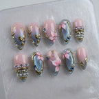 Pastel Floral Press On Nails, Pink Blue 3D Flower Nails, Gold Chrome Nail Art, Elegant Japanese Style Nails