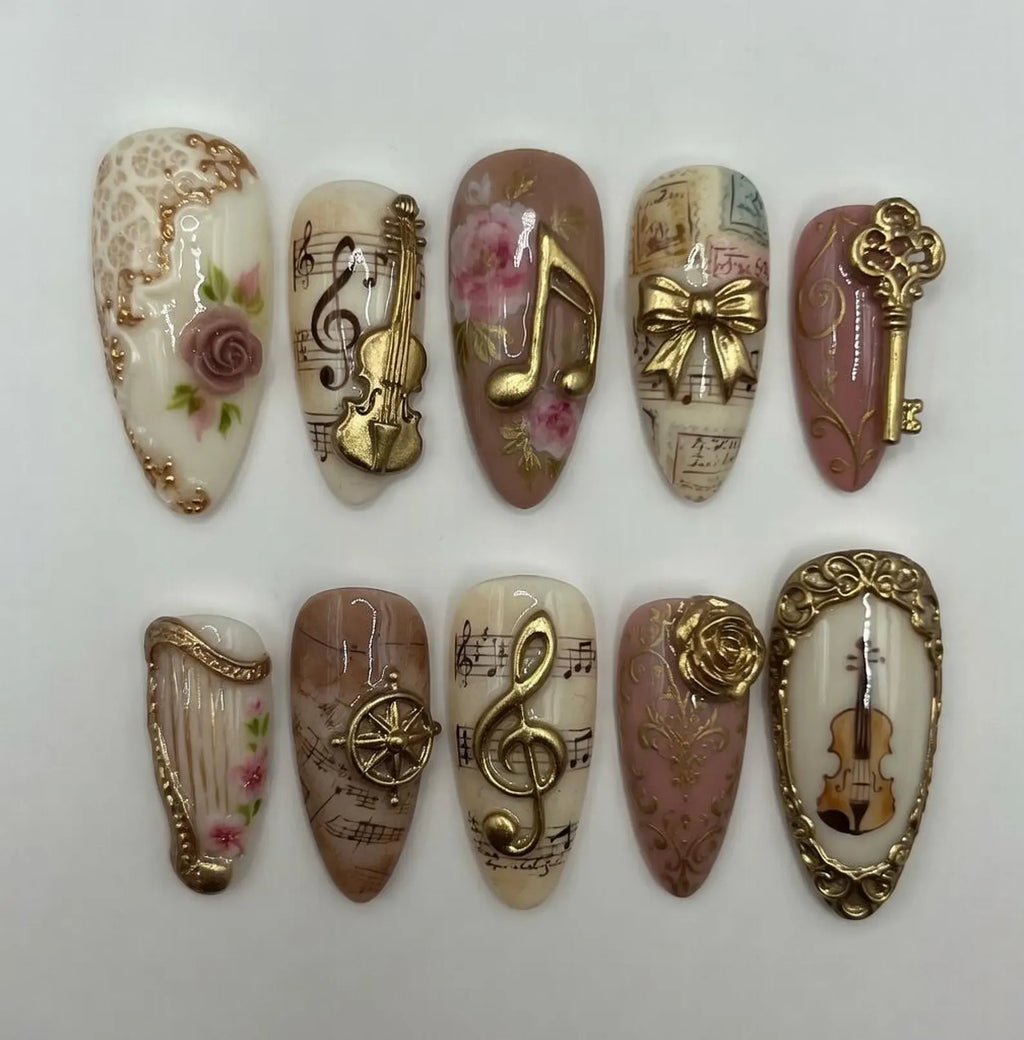 Summer Press On Nails Music 3D Handmade Nails Custom Fake Glue On Nails Kawaii Violin Harp Music Note Key Bow Rose Vintage Antique Luxury